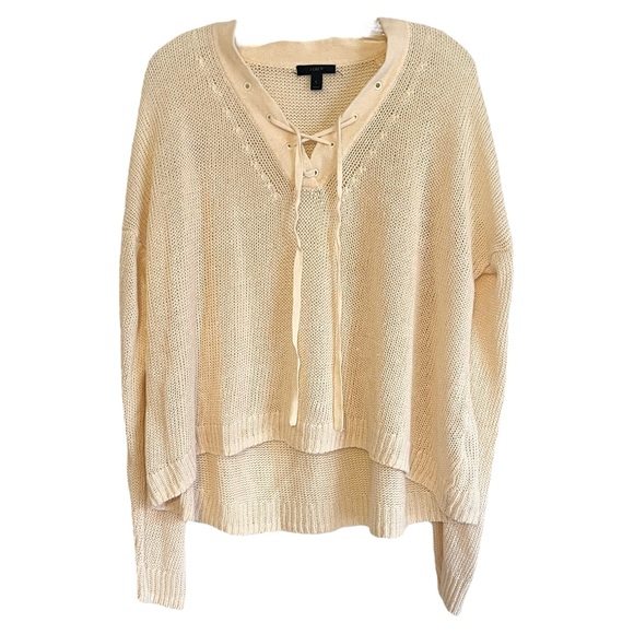 HP⭐️ J.Crew Linen Beige Off-White V-Neck Lace Up Knit Long Sleeve Sweater Large - Picture 2 of 5